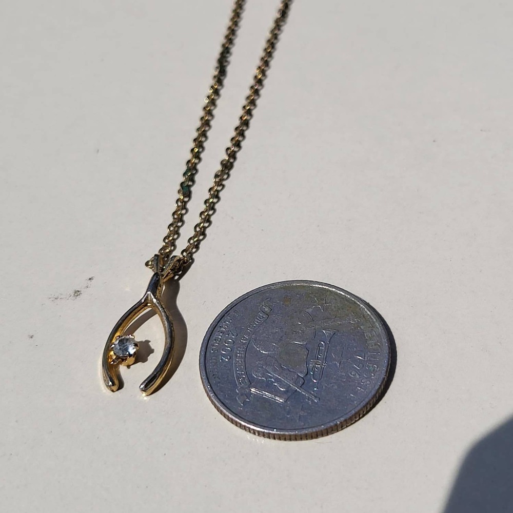 Vintage Gold Tone Metal Wishbone Pendant Clear Stone Accent Necklace - Picture 4 of 7